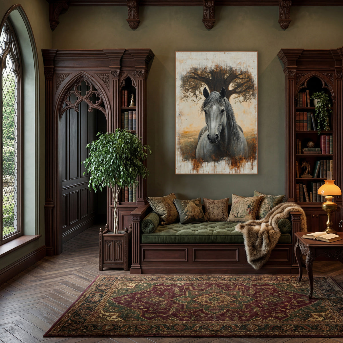 Grey Horse Oak Tree Portrait wall art in a moody dark academia room – grey horse facing forward in front of a wide