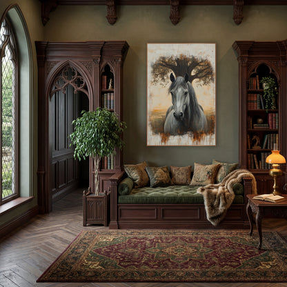 Grey Horse Oak Tree Portrait wall art in a moody dark academia room – grey horse facing forward in front of a wide