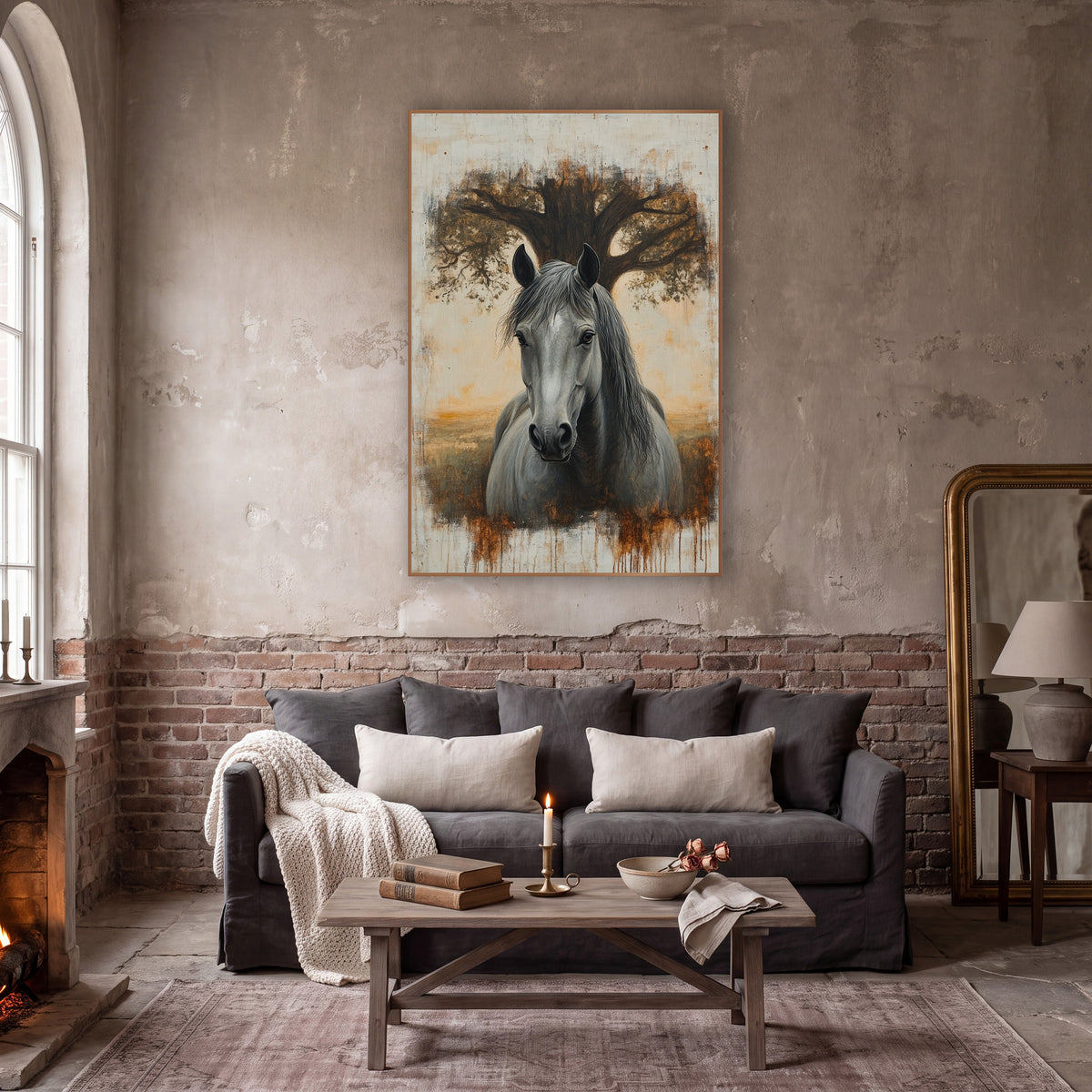 Grey Horse Oak Tree Portrait wall art in a moody dark academia room – grey horse facing forward in front of a wide