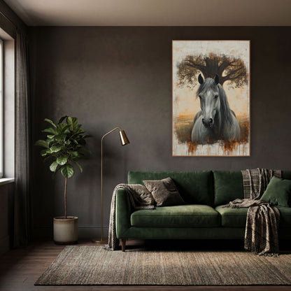 Grey Horse Oak Tree Portrait wall art in a moody dark academia room – grey horse facing forward in front of a wide