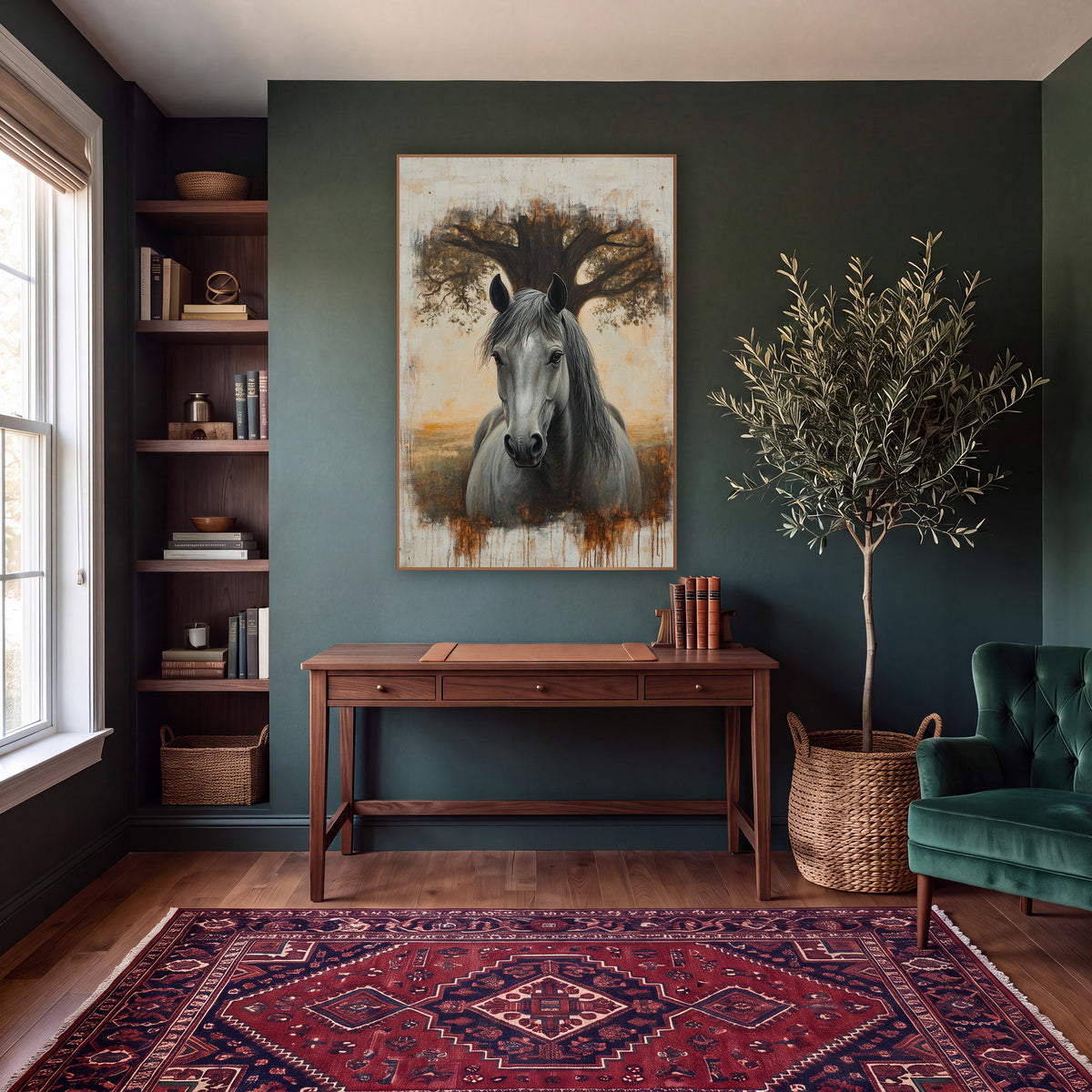 Grey Horse Oak Tree Portrait wall art in a moody dark academia room – grey horse facing forward in front of a wide