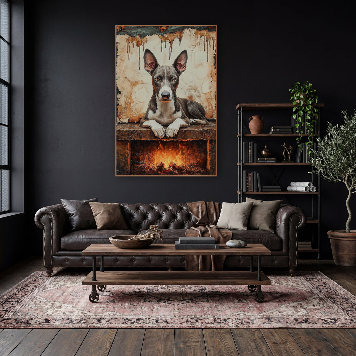 Hearthside Greyhound Rustic Portrait wall art in a moody dark academia room – gray and white greyhound lying