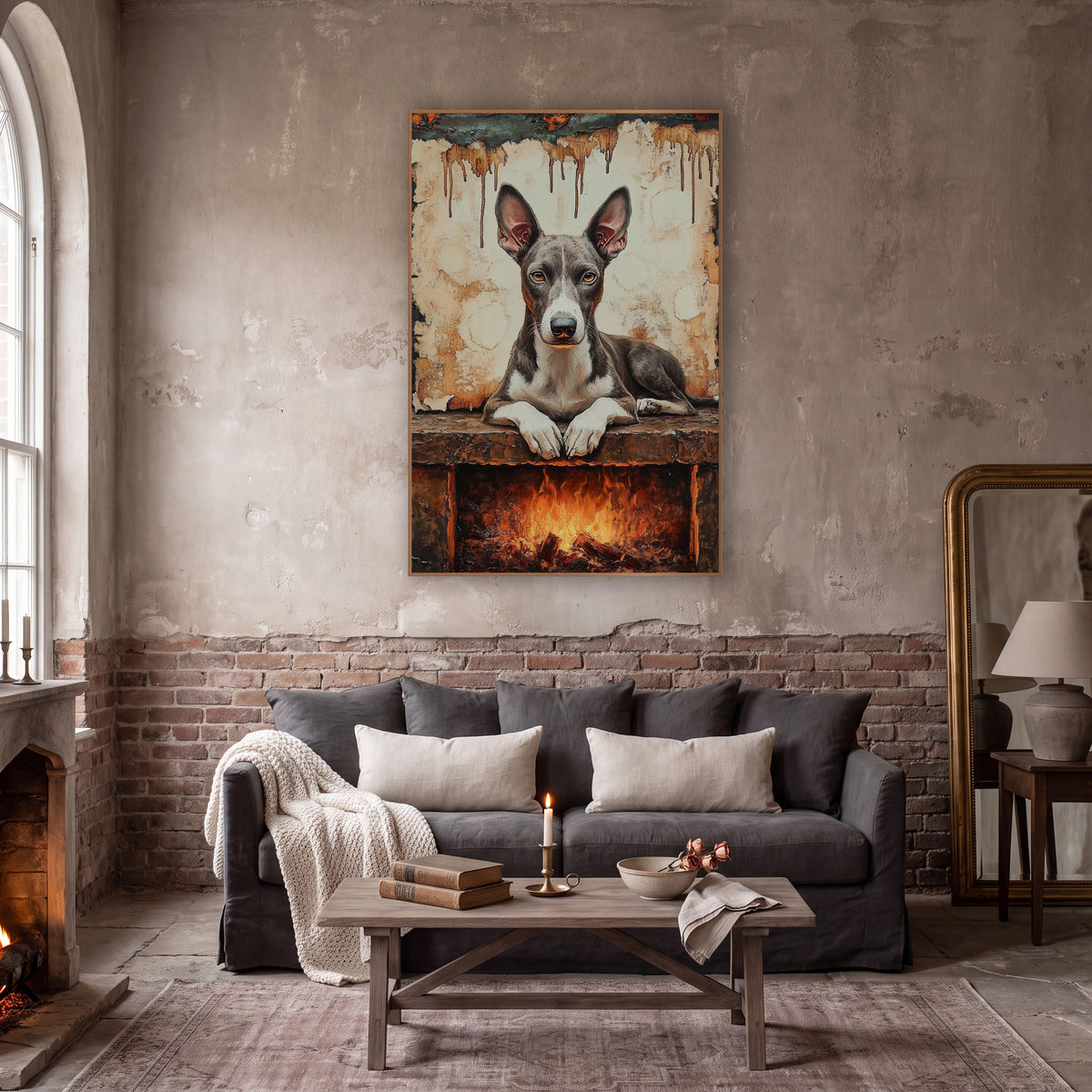 Hearthside Greyhound Rustic Portrait wall art in a moody dark academia room – gray and white greyhound lying