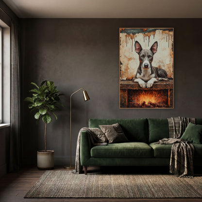 Hearthside Greyhound Rustic Portrait wall art in a moody dark academia room – gray and white greyhound lying