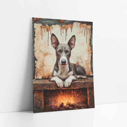 Hearthside Greyhound Rustic Portrait art print leaning against a white wall – gray and white greyhound lying on a stone