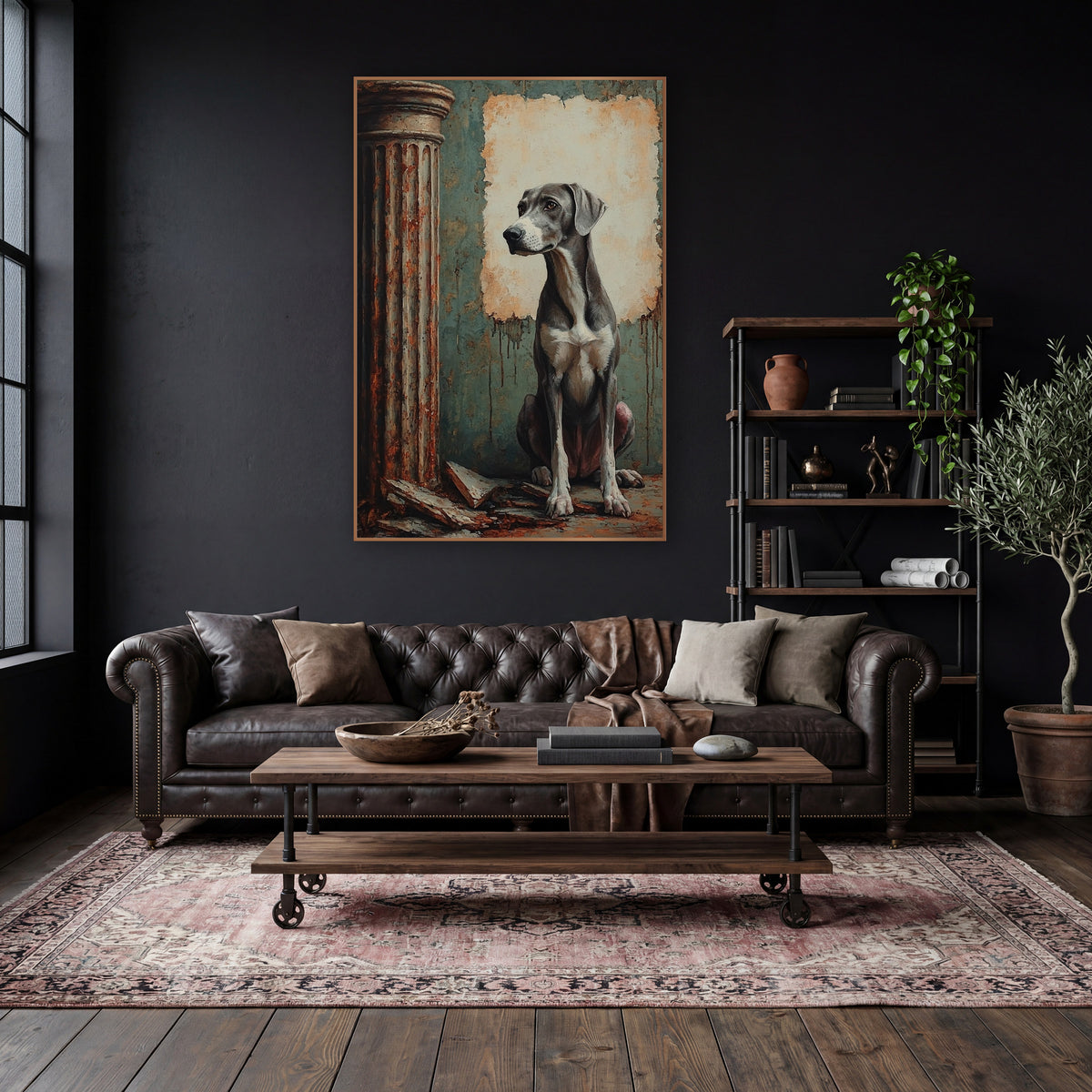 Seated Gray Hound Classical Column wall art in a moody dark academia room – gray dog sitting beside a rusty classical