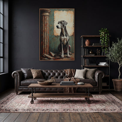 Seated Gray Hound Classical Column wall art in a moody dark academia room – gray dog sitting beside a rusty classical
