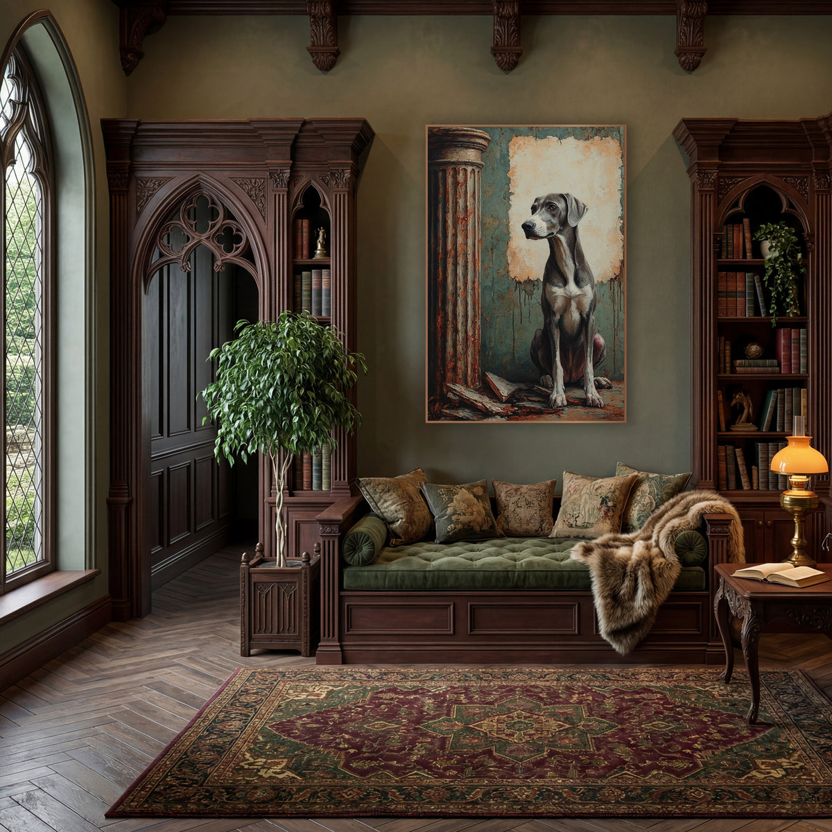 Seated Gray Hound Classical Column wall art in a moody dark academia room – gray dog sitting beside a rusty classical