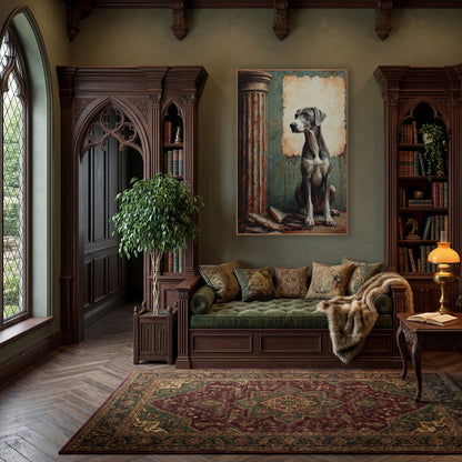 Seated Gray Hound Classical Column wall art in a moody dark academia room – gray dog sitting beside a rusty classical
