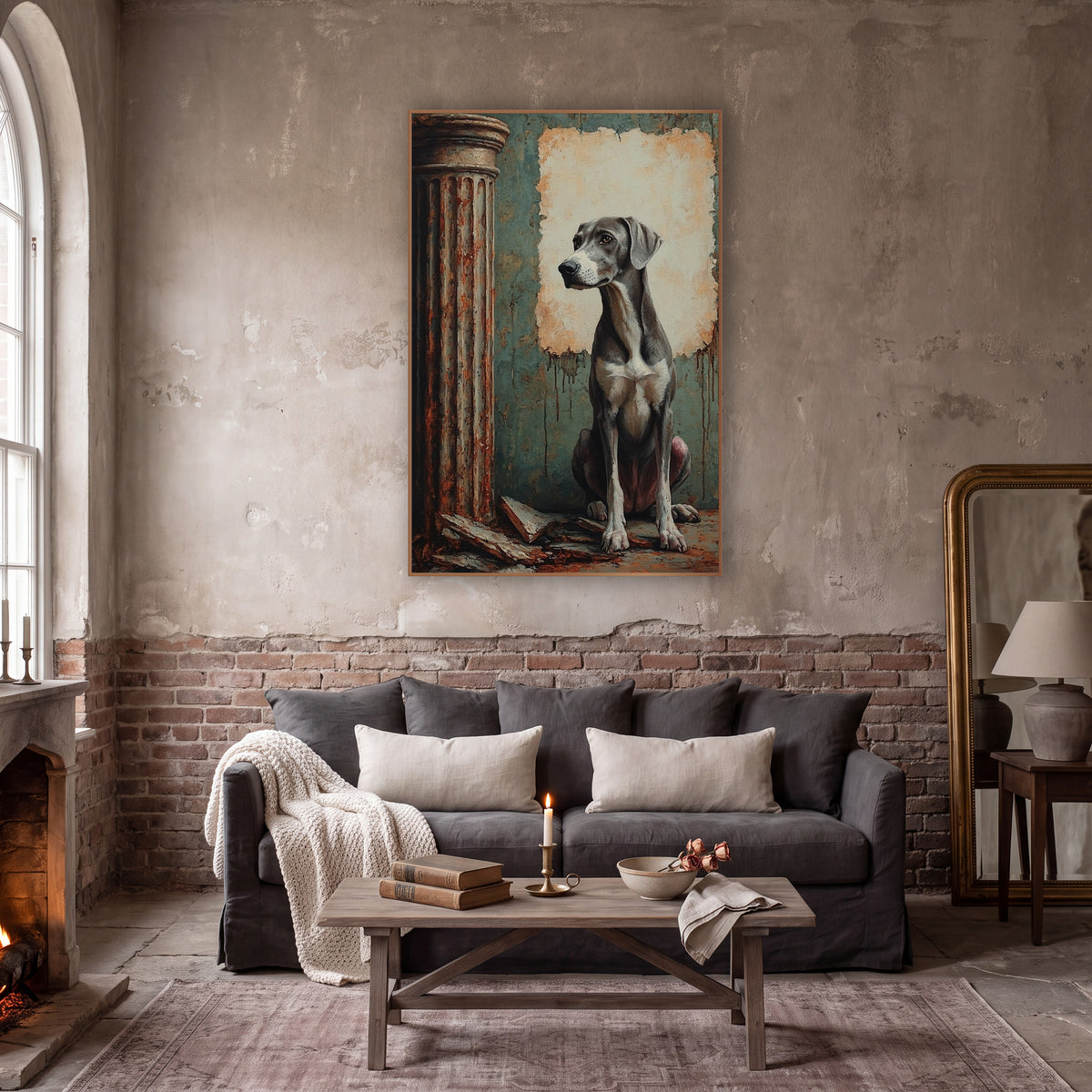 Seated Gray Hound Classical Column wall art in a moody dark academia room – gray dog sitting beside a rusty classical