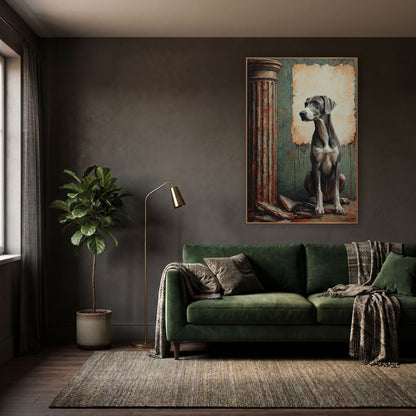 Seated Gray Hound Classical Column wall art in a moody dark academia room – gray dog sitting beside a rusty classical