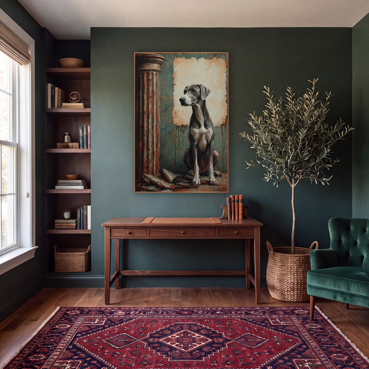 Seated Gray Hound Classical Column wall art in a moody dark academia room – gray dog sitting beside a rusty classical