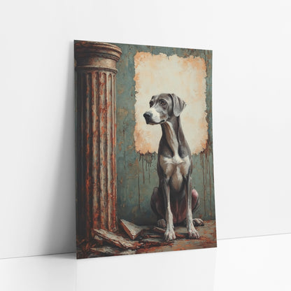 Seated Gray Hound Classical Column art print leaning against a white wall – gray dog sitting beside a rusty classical column