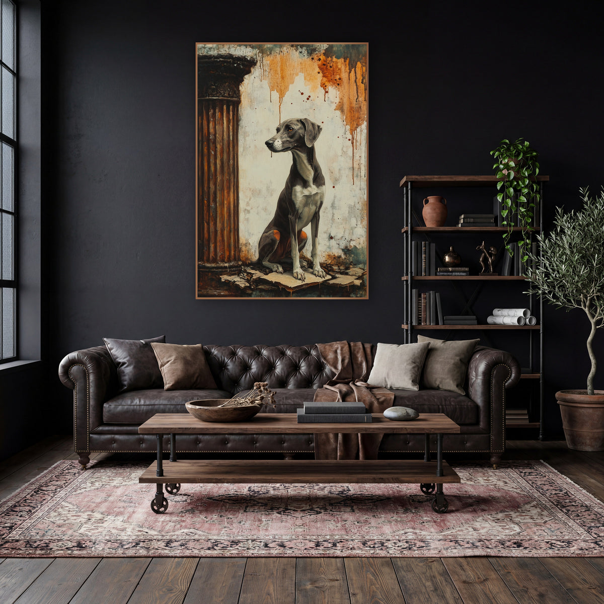 Greyhound Profile Rust Column Classic wall art in a moody dark academia room – gray greyhound seated beside a rust