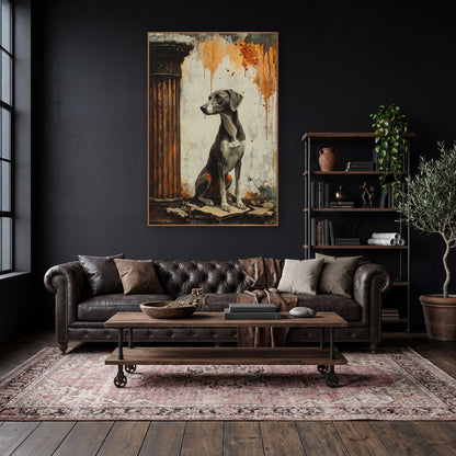 Greyhound Profile Rust Column Classic wall art in a moody dark academia room – gray greyhound seated beside a rust