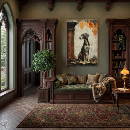 Greyhound Profile Rust Column Classic wall art in a moody dark academia room – gray greyhound seated beside a rust