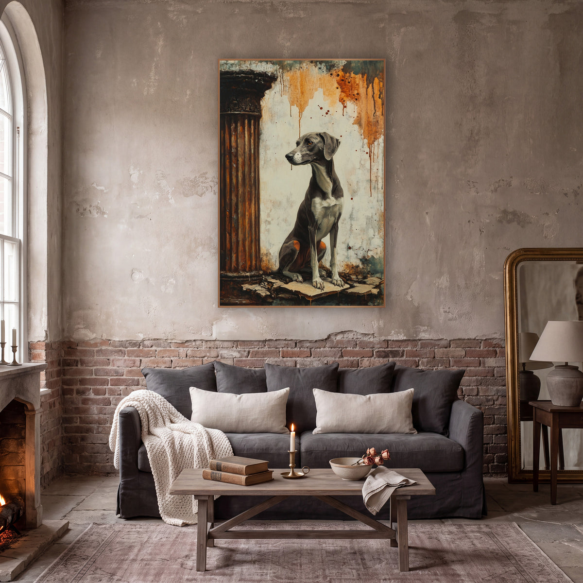 Greyhound Profile Rust Column Classic wall art in a moody dark academia room – gray greyhound seated beside a rust