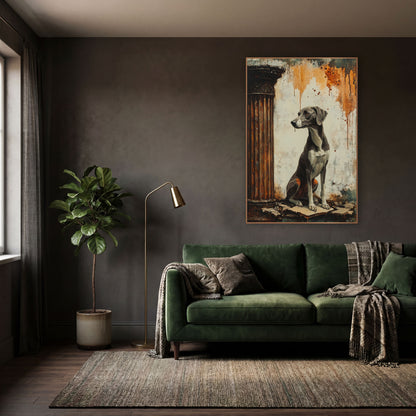 Greyhound Profile Rust Column Classic wall art in a moody dark academia room – gray greyhound seated beside a rust