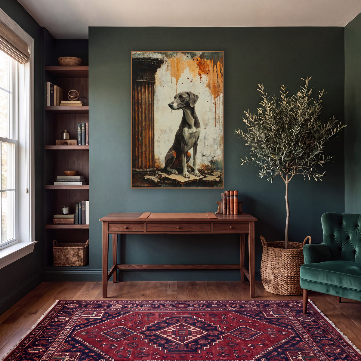 Greyhound Profile Rust Column Classic wall art in a moody dark academia room – gray greyhound seated beside a rust