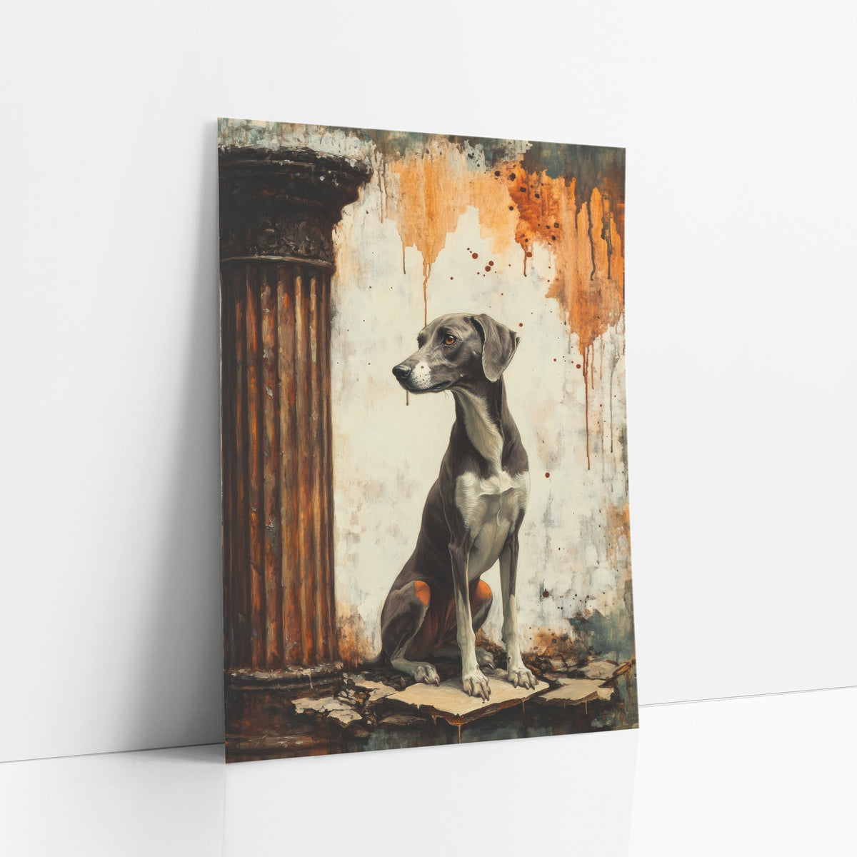 Greyhound Profile Rust Column Classic art print leaning against a white wall – gray greyhound seated beside a rust brown