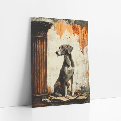 Greyhound Profile Rust Column Classic art print leaning against a white wall – gray greyhound seated beside a rust brown