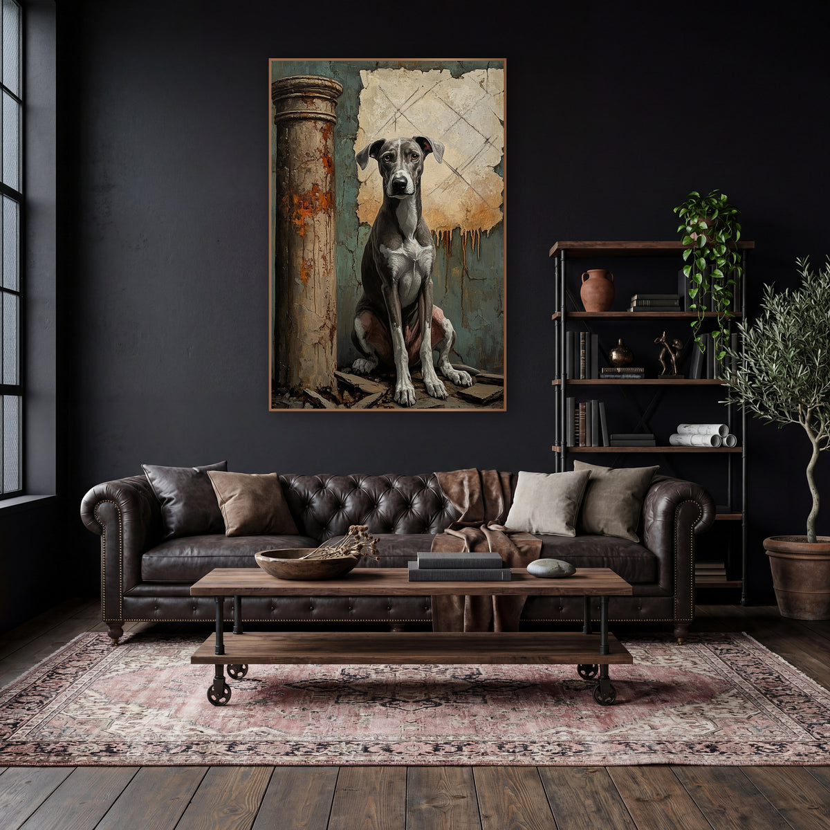 Greyhound Facing Forward Teal Moody wall art in a moody dark academia room – seated gray and white greyhound