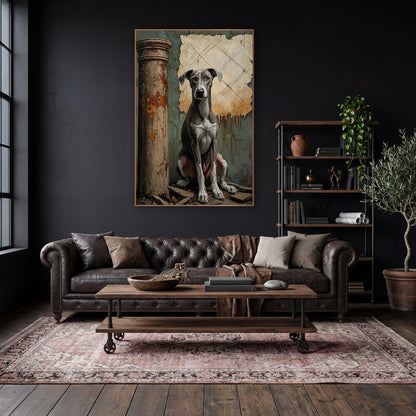 Greyhound Facing Forward Teal Moody wall art in a moody dark academia room – seated gray and white greyhound