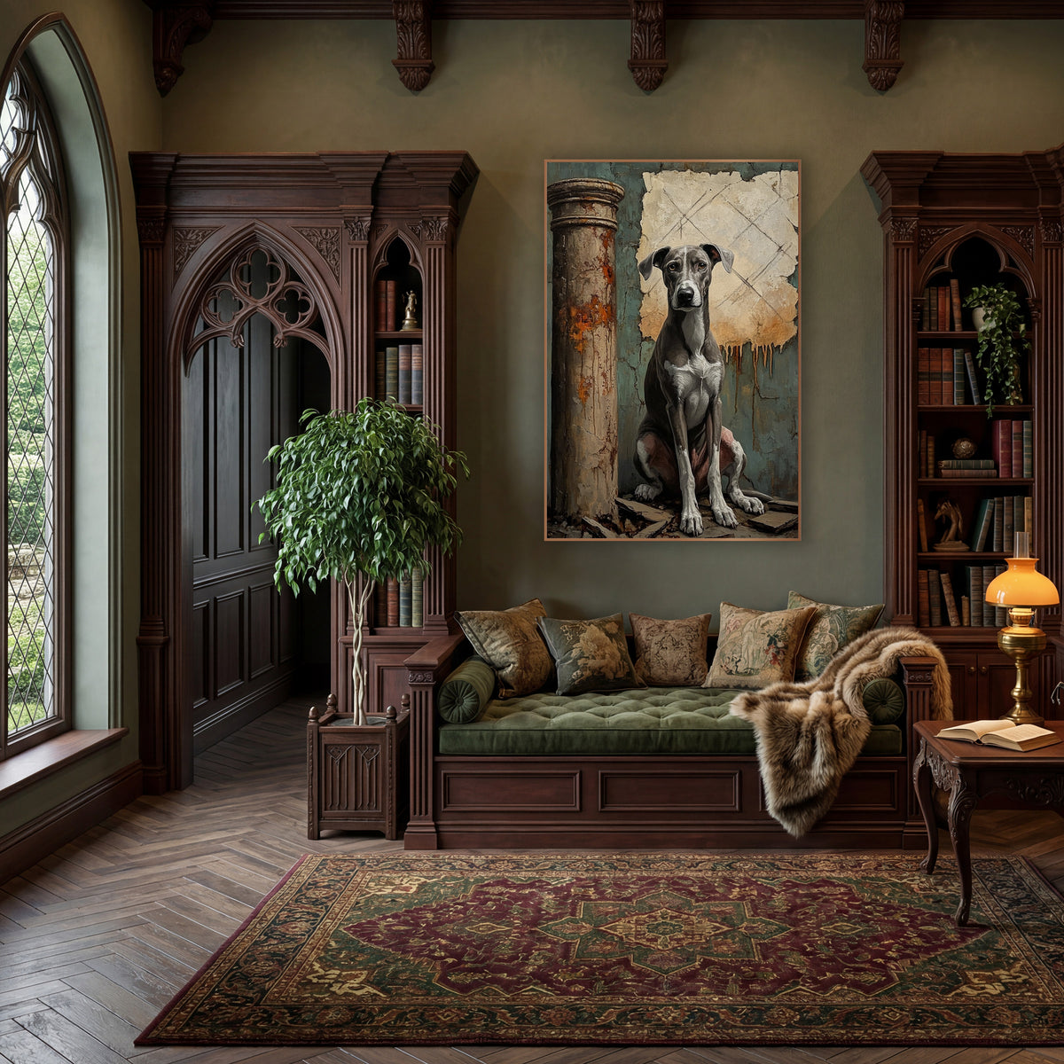 Greyhound Facing Forward Teal Moody wall art in a moody dark academia room – seated gray and white greyhound