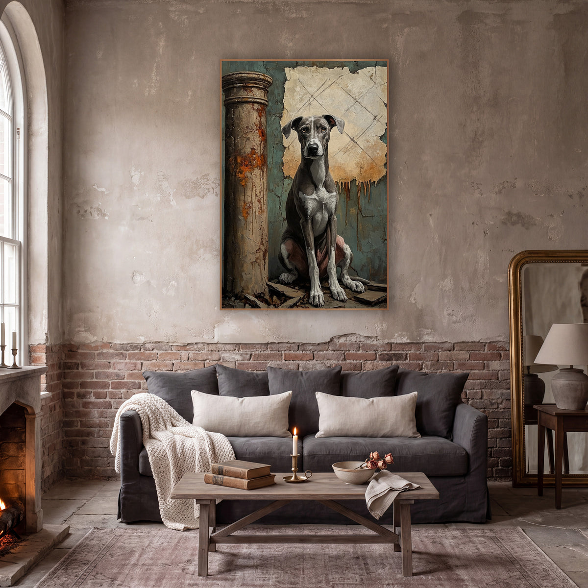 Greyhound Facing Forward Teal Moody wall art in a moody dark academia room – seated gray and white greyhound