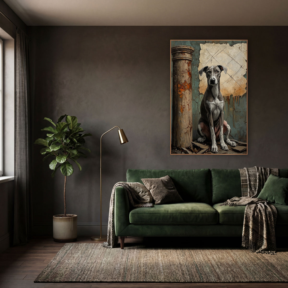 Greyhound Facing Forward Teal Moody wall art in a moody dark academia room – seated gray and white greyhound