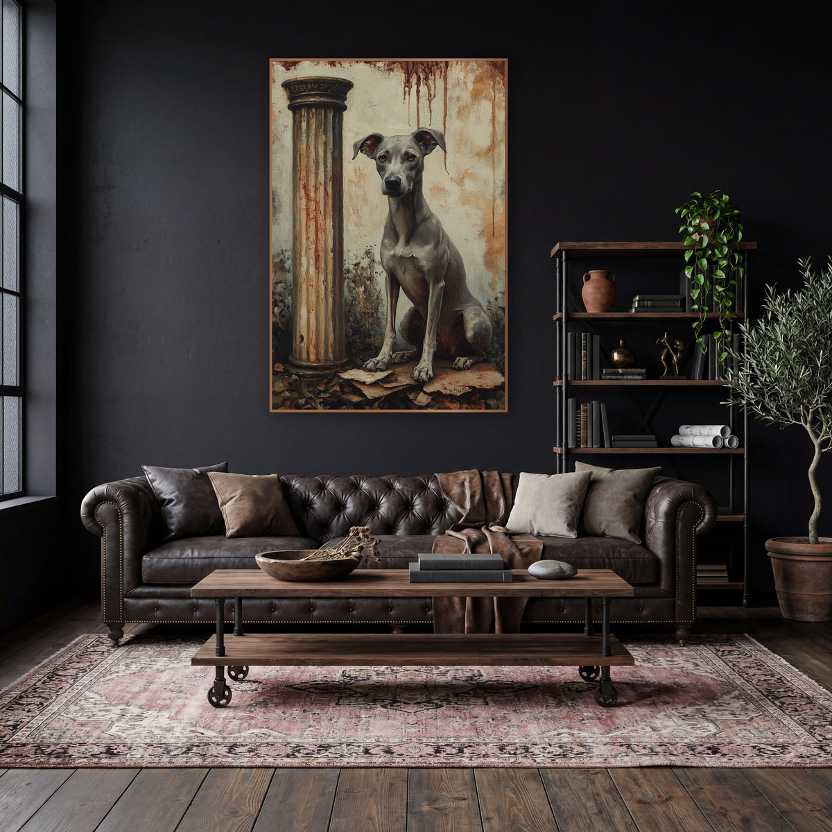 Seated Gray Hound Dark Academia wall art in a moody dark academia room – gray greyhound sitting beside a fluted column