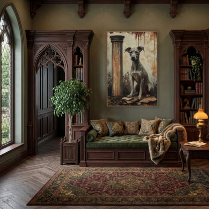 Seated Gray Hound Dark Academia wall art in a moody dark academia room – gray greyhound sitting beside a fluted column