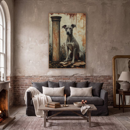 Seated Gray Hound Dark Academia wall art in a moody dark academia room – gray greyhound sitting beside a fluted column