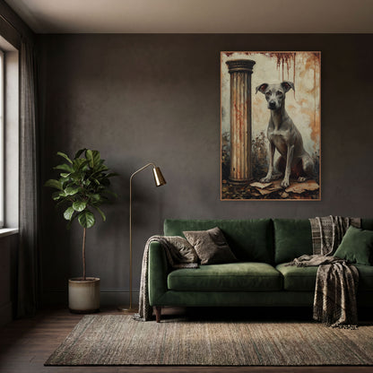 Seated Gray Hound Dark Academia wall art in a moody dark academia room – gray greyhound sitting beside a fluted column