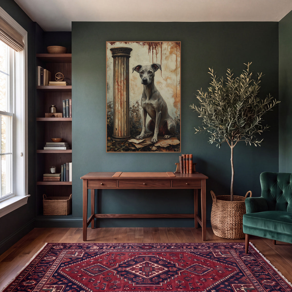 Seated Gray Hound Dark Academia wall art in a moody dark academia room – gray greyhound sitting beside a fluted column