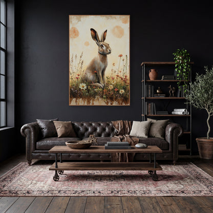 Hare Facing Right Peach Meadow Rustic wall art in a moody dark academia room – tan hare sitting upright among white
