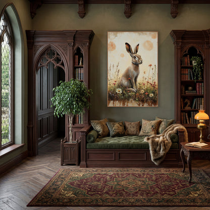 Hare Facing Right Peach Meadow Rustic wall art in a moody dark academia room – tan hare sitting upright among white