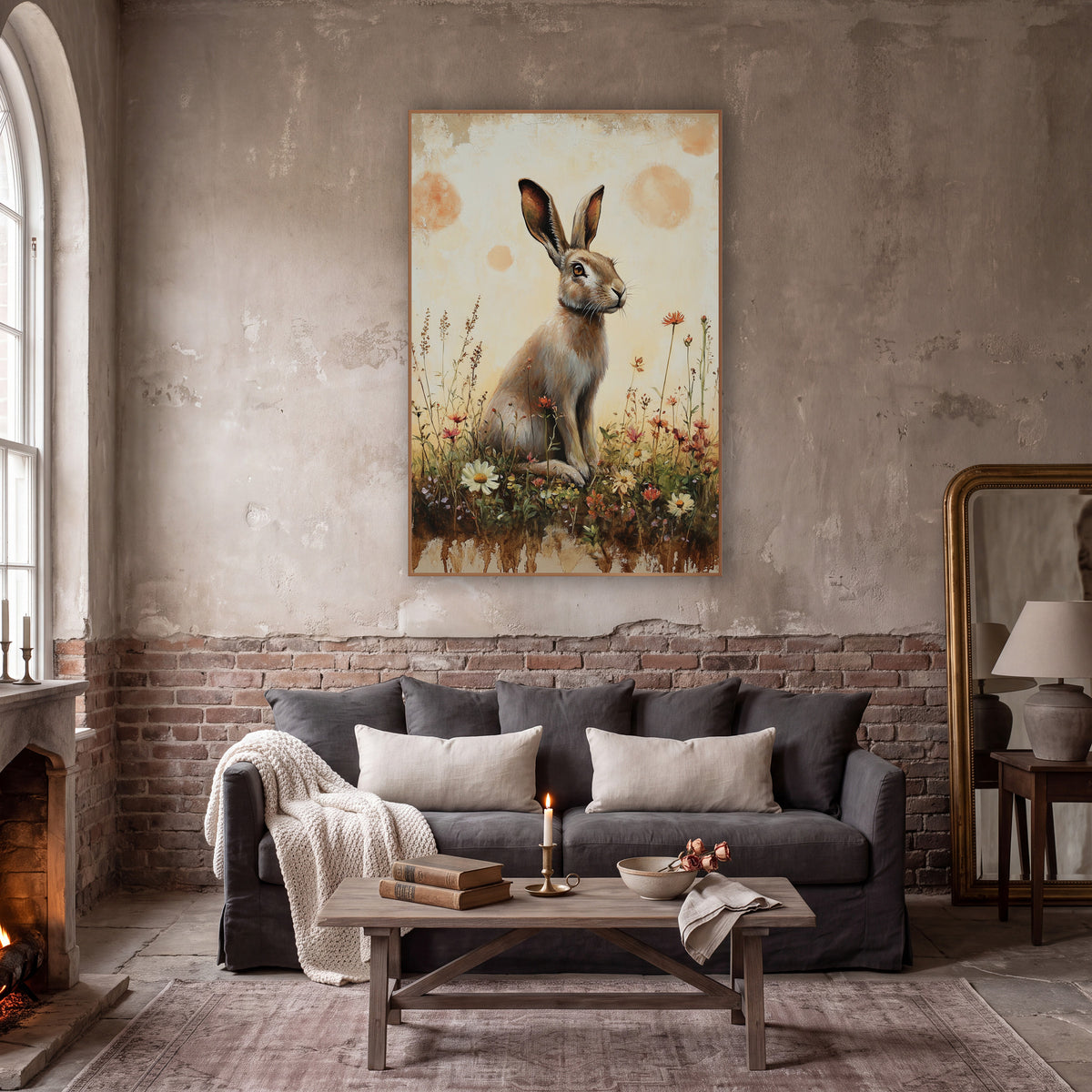 Hare Facing Right Peach Meadow Rustic wall art in a moody dark academia room – tan hare sitting upright among white