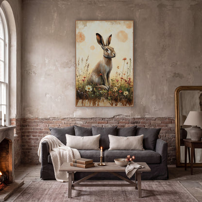 Hare Facing Right Peach Meadow Rustic wall art in a moody dark academia room – tan hare sitting upright among white