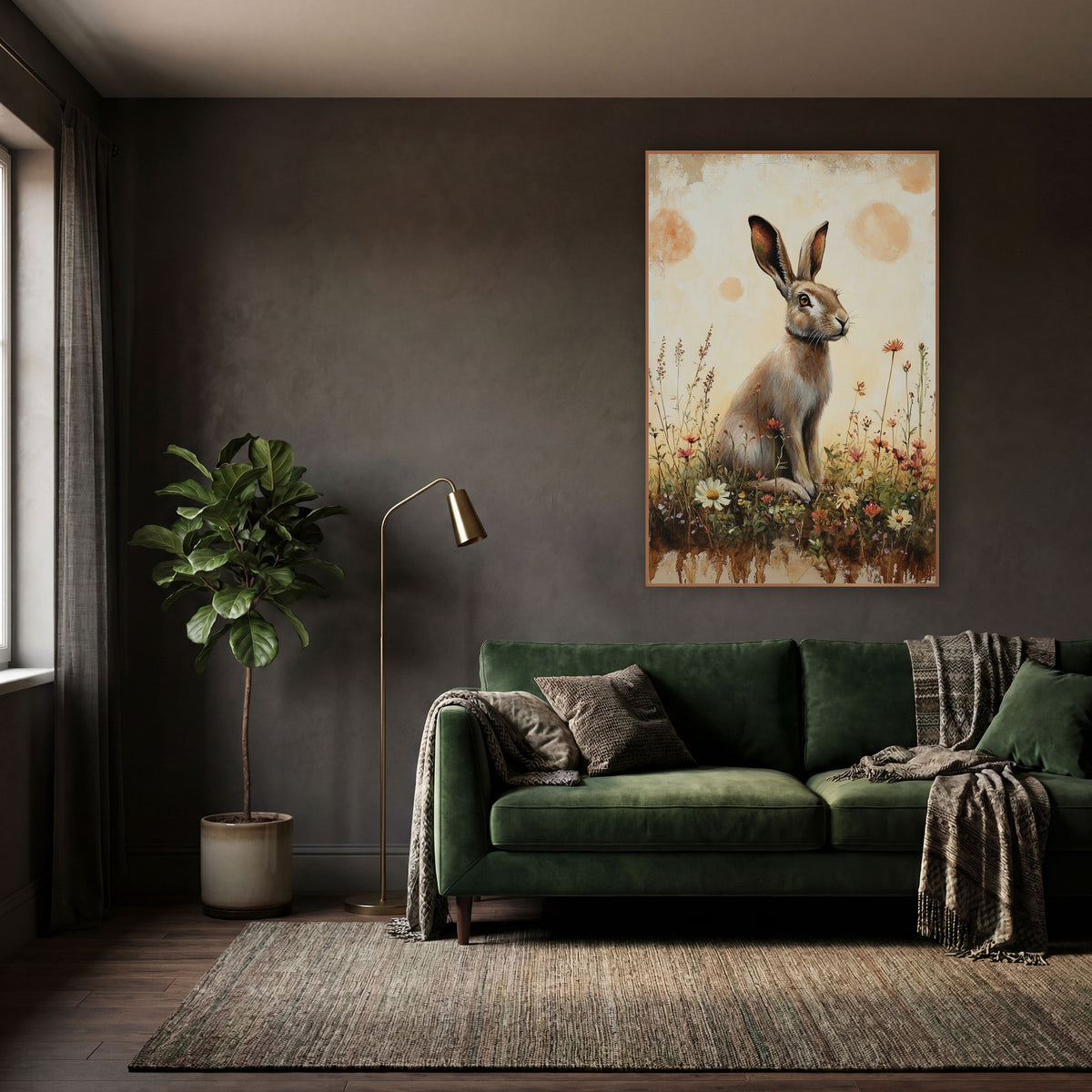 Hare Facing Right Peach Meadow Rustic wall art in a moody dark academia room – tan hare sitting upright among white