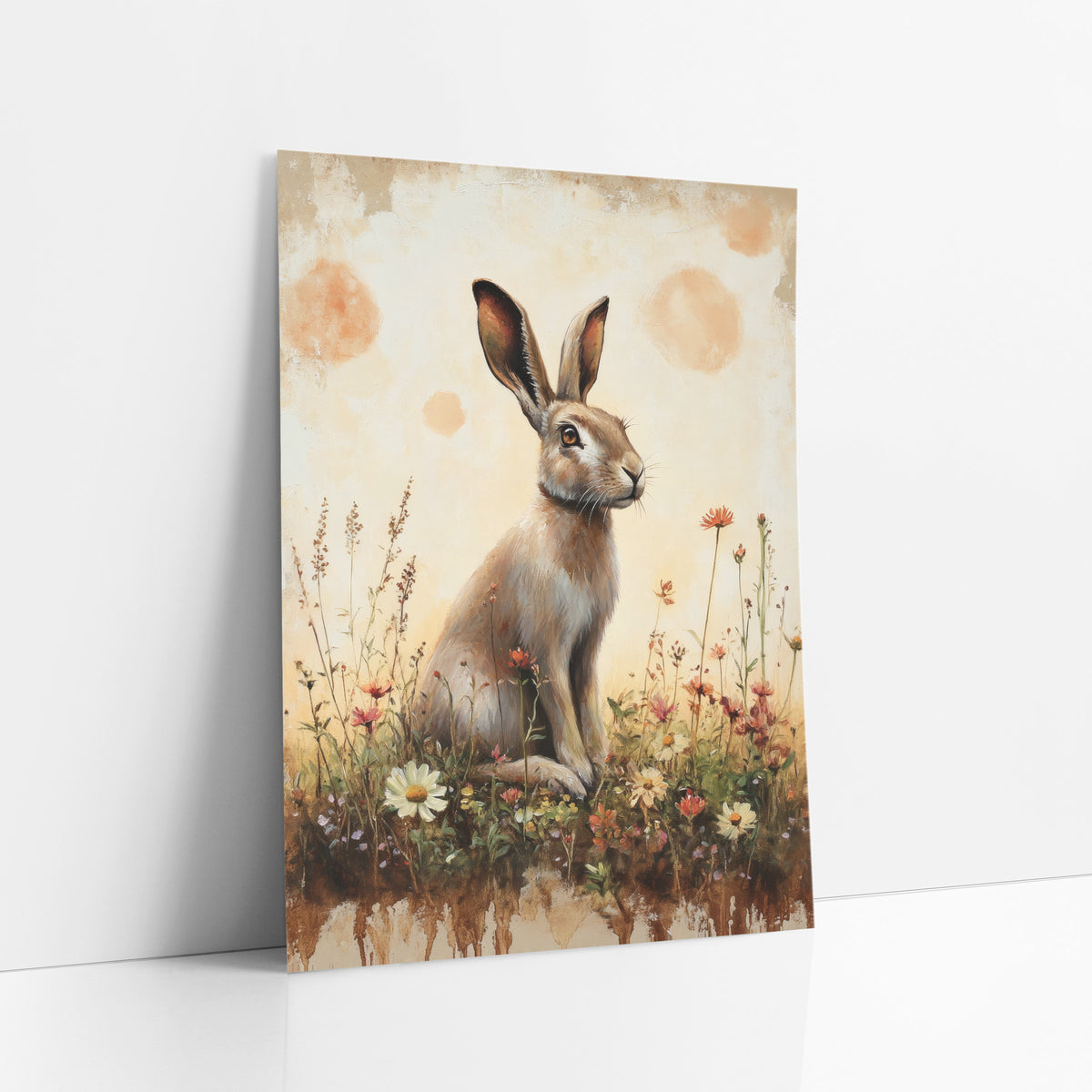 Hare Facing Right Peach Meadow Rustic art print leaning against a white wall – tan hare sitting upright among white daisies