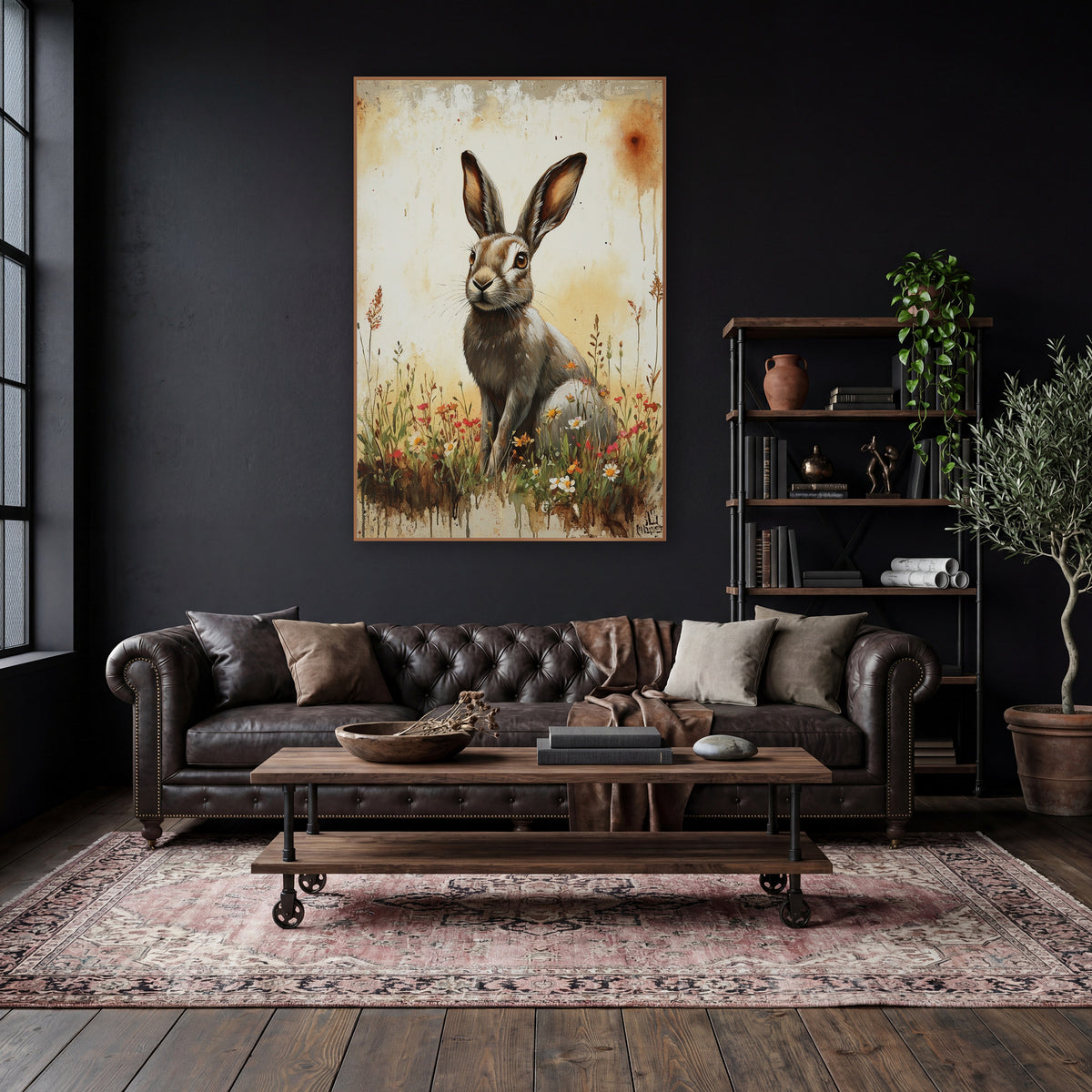 Russet Hare Red Wildflowers Rustic wall art in a moody dark academia room – brown hare with tall ears sitting among