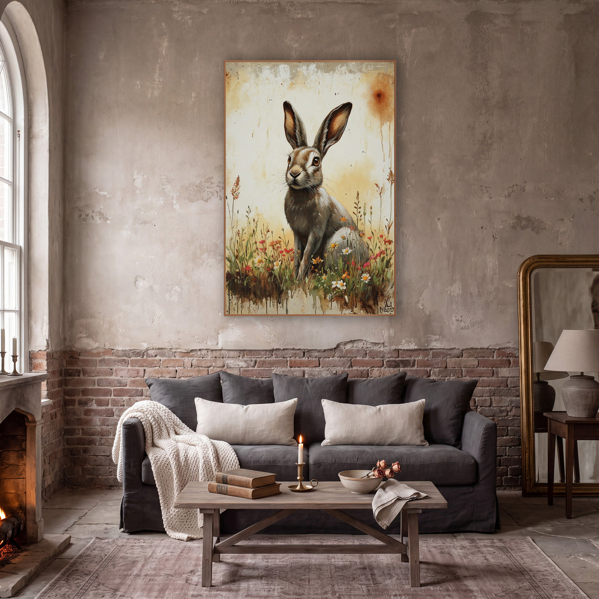 Russet Hare Red Wildflowers Rustic wall art in a moody dark academia room – brown hare with tall ears sitting among