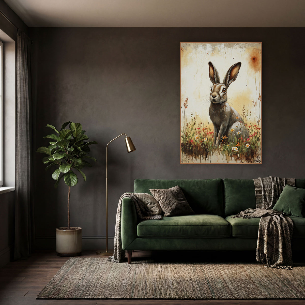 Russet Hare Red Wildflowers Rustic wall art in a moody dark academia room – brown hare with tall ears sitting among