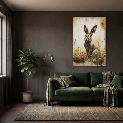 Russet Hare Red Wildflowers Rustic wall art in a moody dark academia room – brown hare with tall ears sitting among