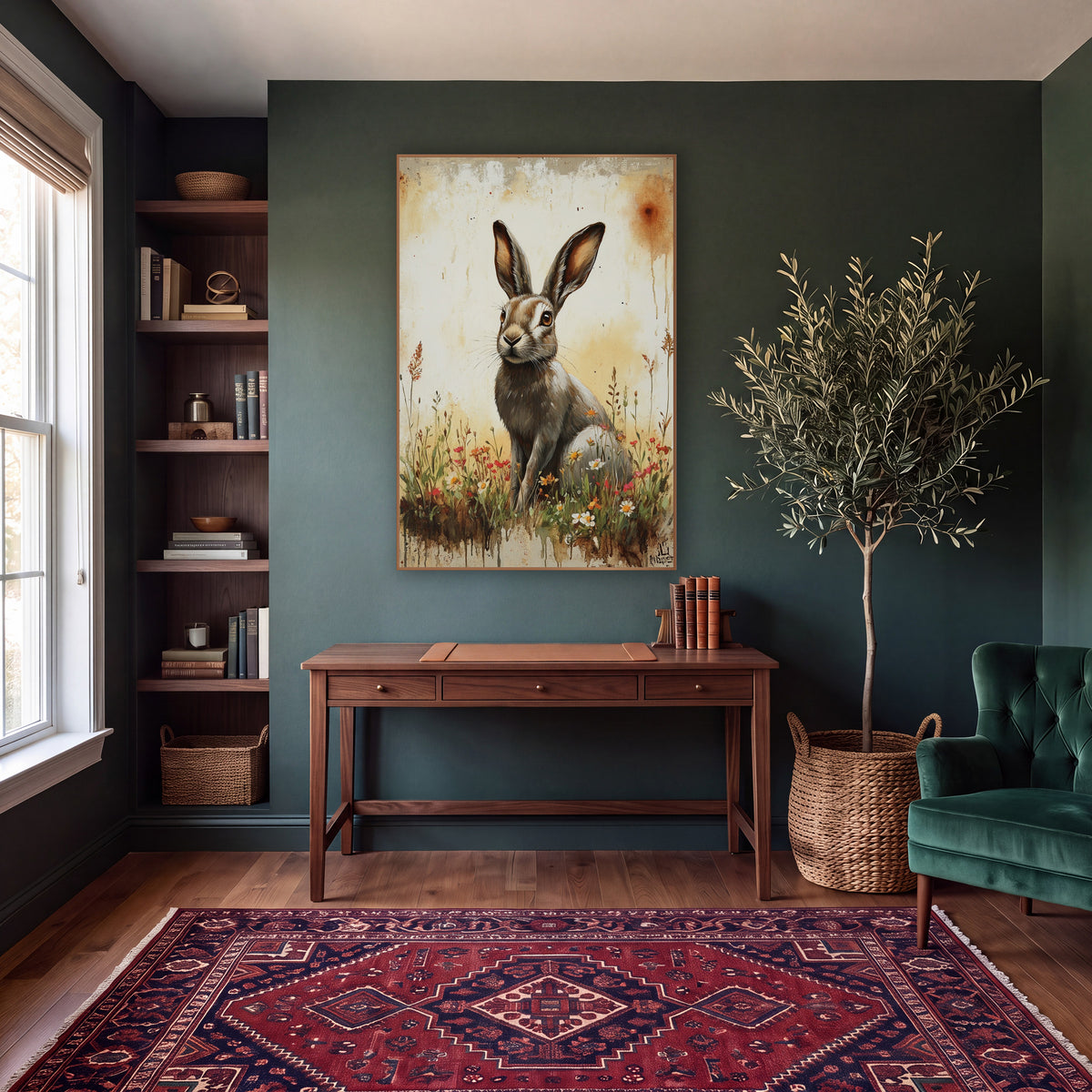 Russet Hare Red Wildflowers Rustic wall art in a moody dark academia room – brown hare with tall ears sitting among