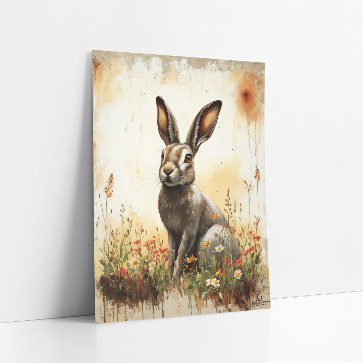 Russet Hare Red Wildflowers Rustic art print leaning against a white wall – brown hare with tall ears sitting among red