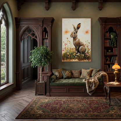 Hare Facing Left Pink Meadow Farmhouse wall art in a moody dark academia room – brown hare sitting upright among pink