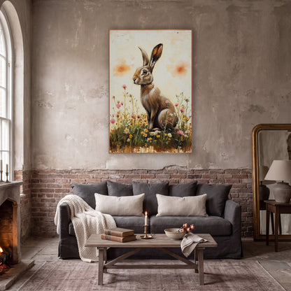 Hare Facing Left Pink Meadow Farmhouse wall art in a moody dark academia room – brown hare sitting upright among pink