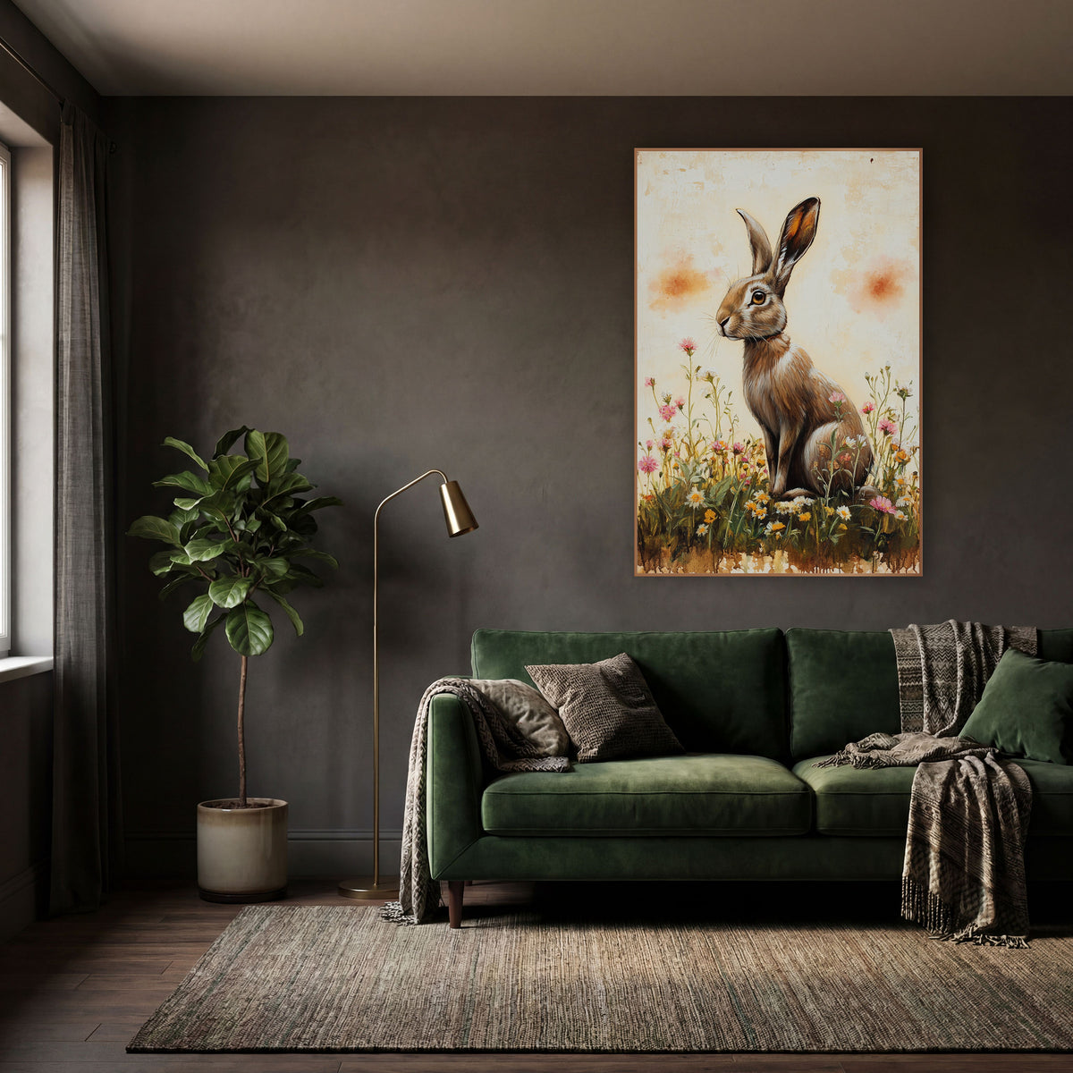 Hare Facing Left Pink Meadow Farmhouse wall art in a moody dark academia room – brown hare sitting upright among pink
